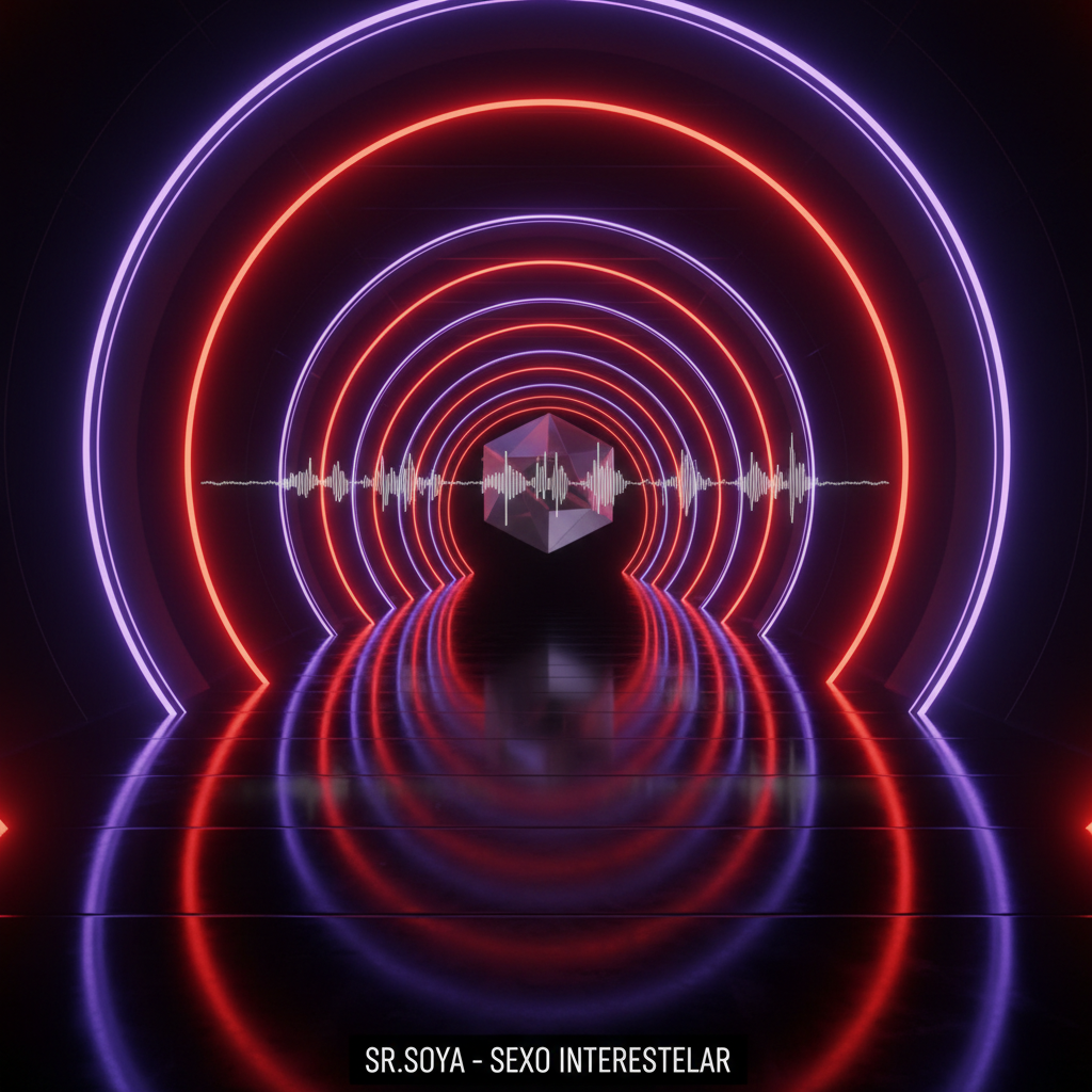 Un corredor infinito de portales luminosos se abre en el interior de una nave conceptual llamada INTERDIMENSIONS, cada portal formado por anillos de luz que cambian de color del rojo intenso al violeta profundo. En el centro del primer portal flota una escultura poliédrica metálica, parcialmente transparente, de la que emergen ondas visuales que recuerdan ondas sonoras de un tema pop experimental. La iluminación proviene tanto del suelo negro brillante retroiluminado como de los anillos, creando reflejos largos y dramáticos. La cámara se coloca en perspectiva central, estilo cine de ciencia ficción, enfatizando la profundidad del pasillo. La atmósfera es intrigante y atrevida, perfecta para una sección del sitio que explique el universo creativo de SR.SOYA y su proyecto “Sexo Interestelar” sin mostrar personas.