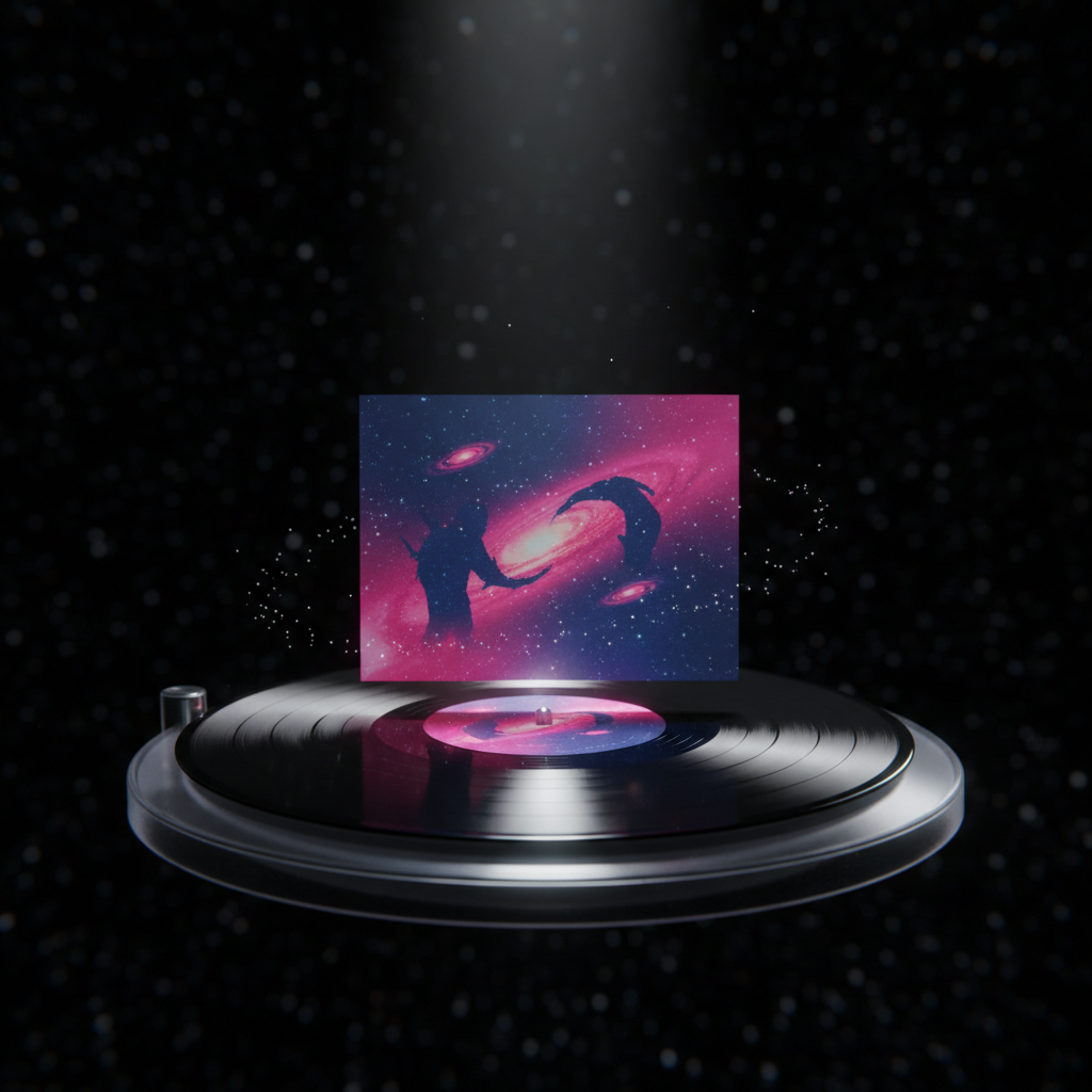 Un vinilo negro brillante titulado de forma implícita descansa sobre un tocadiscos translúcido de cristal ahumado, suspendido en mitad del vacío cósmico. En lugar de una portada con texto, una carátula holográfica muestra una silueta abstracta de galaxias entrelazadas en tonos rosas intensos y azules profundos, evocando pop sensual y ciencia ficción. Pequeñas partículas luminosas giran alrededor del vinilo como polvo estelar atraído por la música. Un haz de luz puntual, tipo foco teatral, cae desde arriba sobre el disco, creando reflejos nítidos y un contraste cinematográfico con el fondo oscuro. La cámara se acerca en primer plano con profundidad de campo muy corta, dejando el cosmos desenfocado, ideal para destacar el lanzamiento musical de SR.SOYA sin utilizar texto ni imágenes humanas.