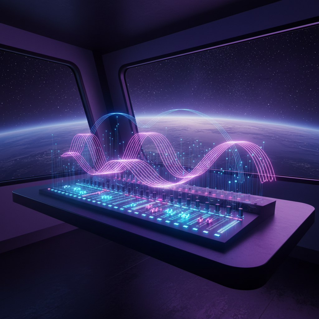 Una consola de mezcla musical futurista se proyecta como holograma sobre una mesa oscura de superficie mate, en una cabina flotando entre nebulosas violetas. Cada fader y perilla se representa como pequeños prismas de luz, y las ondas de audio aparecen como cintas brillantes que se curvan en el aire hacia un horizonte lleno de estrellas. El único foco de luz directa viene de la interfaz holográfica, que ilumina el entorno con un resplandor azul y magenta, creando un fuerte contraste cinematográfico con el espacio circundante. La cámara se sitúa en un ángulo tres cuartos, medio picado, para mostrar tanto la consola como el paisaje cósmico al fondo. La escena transmite creatividad, control artístico y el proceso de producción detrás de la performance “Sexo Interestelar”, sin texto ni presencia humana.