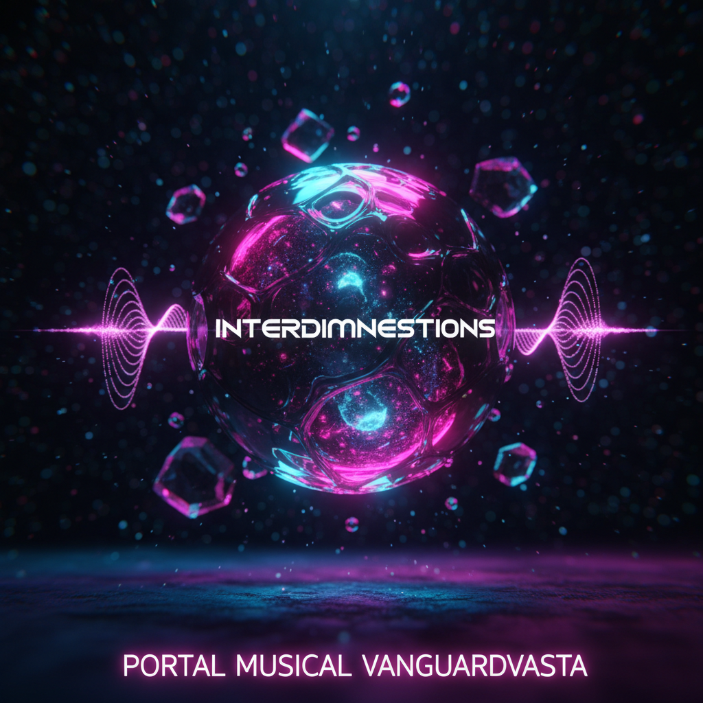 Una esfera cromada flotante con textura líquida y reflejos fucsia, cian y violeta representa el universo INTERDIMENSIONS, suspendida en un espacio oscuro que recuerda a una galaxia digital. Alrededor de la esfera orbitan formas geométricas translúcidas que insinúan sonido y ritmo, como si fueran ondas de un concierto pop futurista. Un resplandor intenso tipo neón baña la escena desde abajo, creando sombras dramáticas y un aura cinematográfica. La cámara se sitúa en plano medio, ligeramente contrapicado, enfatizando la monumentalidad de la esfera. El fondo permanece desenfocado con bokeh de luces estelares, generando una atmósfera audaz, nocturna y expectante, perfecta como imagen principal de un sitio musical vanguardista en español.