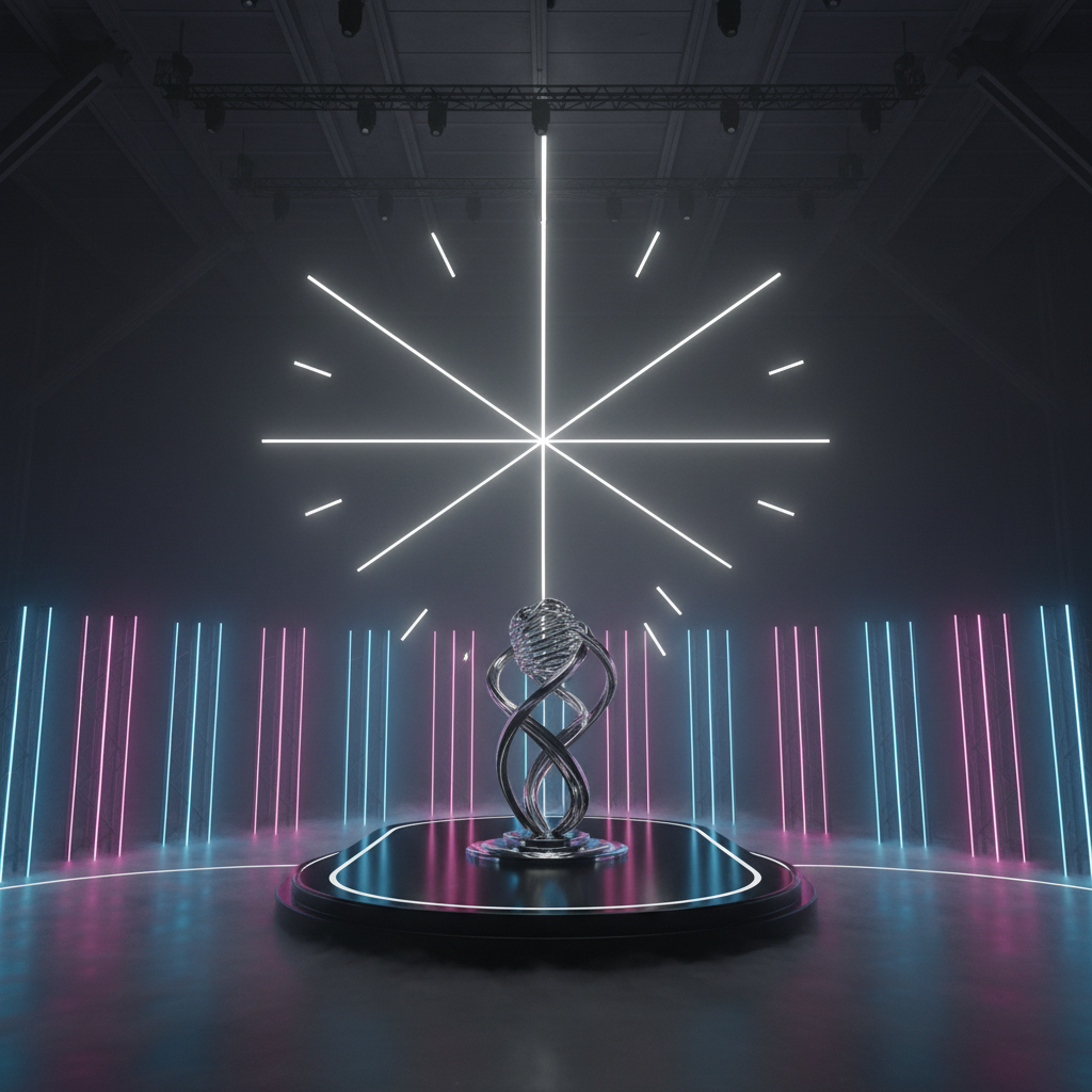 Un escenario vacío de concierto futurista se extiende en un hangar interestelar, con una plataforma central negra brillante en forma de óvalo rodeada de columnas de luz verticales en tonos magenta y azul eléctrico. Sobre la tarima, un micrófono estilizado se sustituye por una escultura metálica abstracta que evoca una voz vibrante sin mostrar personas. Desde el techo, haces de luz blanca recortan la penumbra como si marcaran la hora exacta de una gran premiere nocturna. El estilo es cinematográfico, con niebla baja que atrapa los rayos de luz y crea volumen. La cámara en gran angular, a ras de suelo, intensifica la profundidad del espacio y transmite la sensación de estar a minutos de una performance pop llamada “Sexo Interestelar” sin usar texto en pantalla.